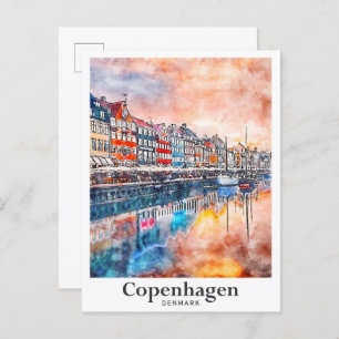 Copenhagen Denmark Watercolor Sketch Hand Drawn Postcard