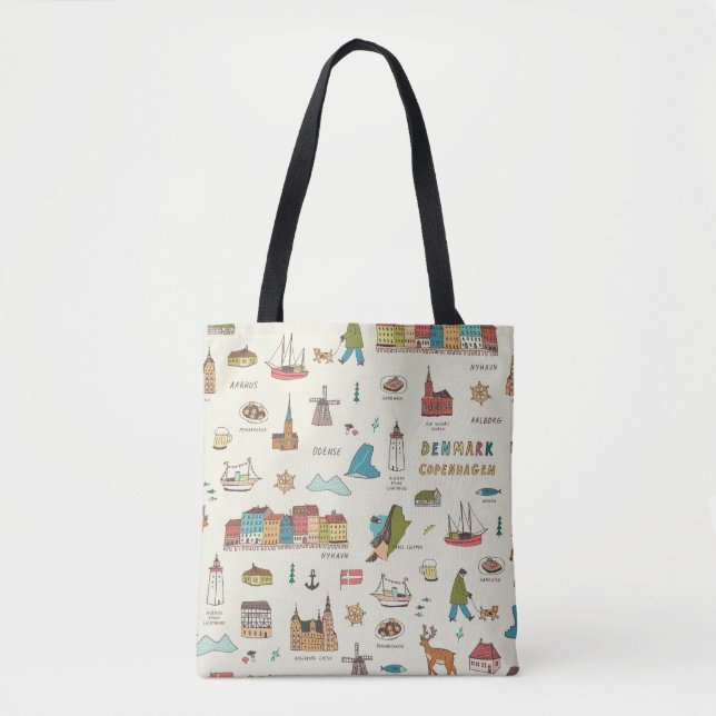 Copenhagen Doodles, Denmark Vintage Pattern. Tote Bag (Front)
