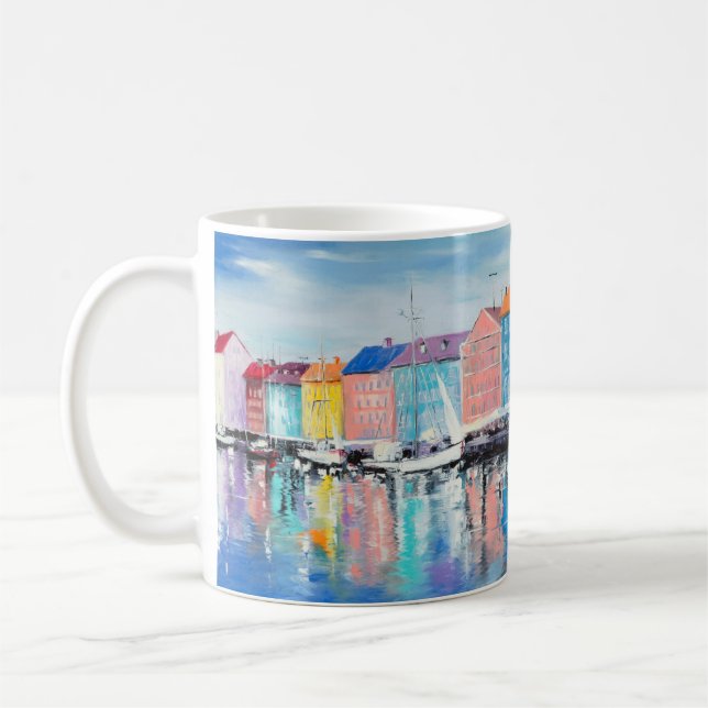 Copenhagen in a shining day, colourful buildings a coffee mug (Left)