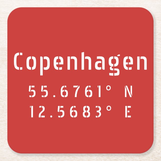 Copenhagen Latitude Longitude Square Paper Coaster (Front)