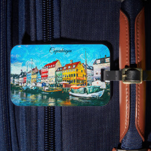 Copenhagen Oil Painting of Nyhavn Waterfront Luggage Tag