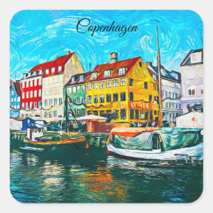 Copenhagen Oil Painting of Nyhavn Waterfront Square Sticker