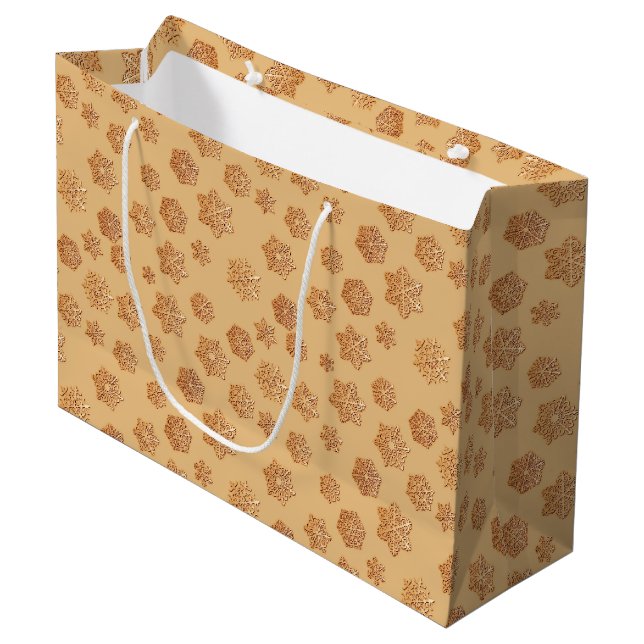 Copper 3-d snowflakes on a copper background large gift bag (Front Angled)