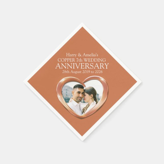 Copper 7th anniversary heart photo names napkins (Corner)