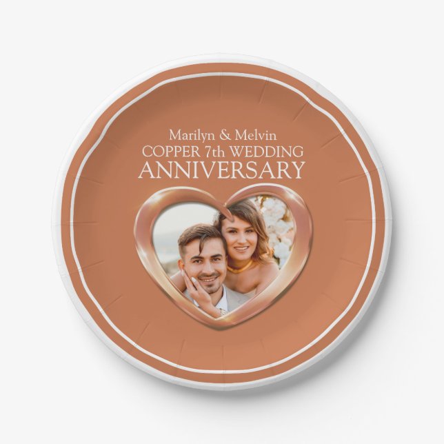 Copper 7th Anniversary photo heart paper plate (Front)
