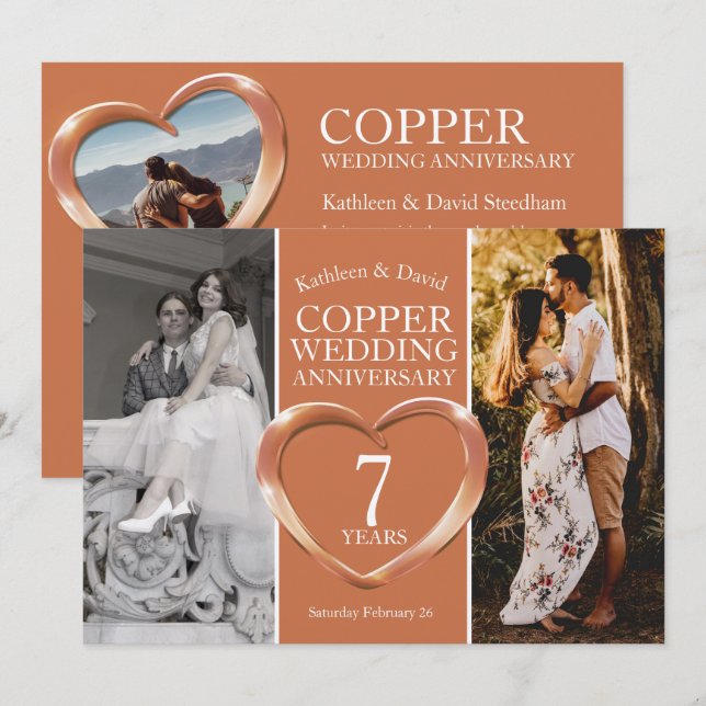 Copper 7th wedding anniversary heart party invitation (Front/Back)