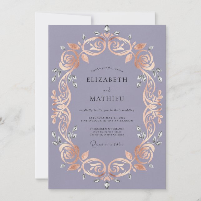 Copper Amethyst Scroll Eucalyptus Wedding Invitation (Front)