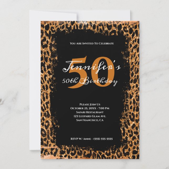 Copper and Black Glam Leopard Safari 50th Birthday Invitation (Front)