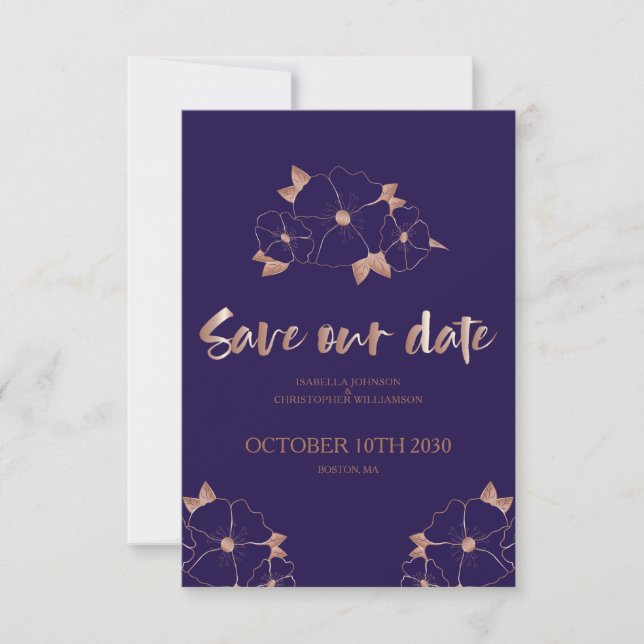Copper and blue floral modern save the date (Front)