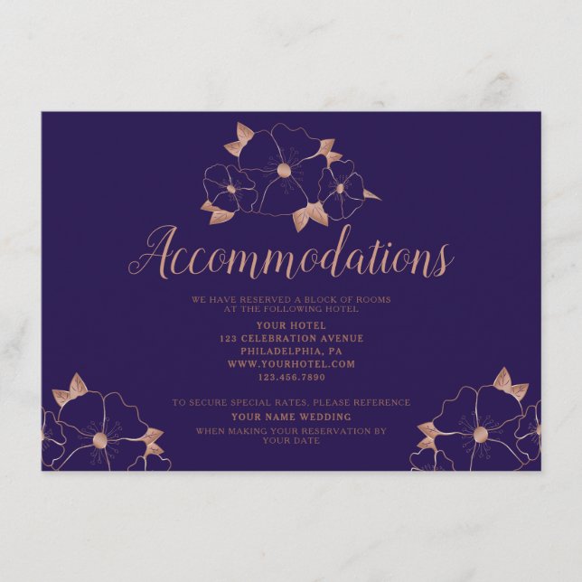 Copper and blue floral wedding accommodation enclosure card (Front)
