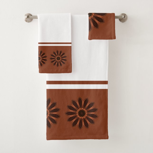Copper and Cinnamon Abstract Flower Bath Towel Set (Insitu)