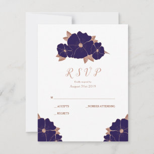 Copper and dark blue floral modern wedding RSVP Card