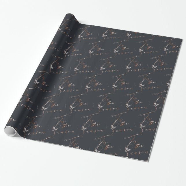 Copper and Dark Blue Tis the Season and Holly Wrapping Paper (Unrolled)