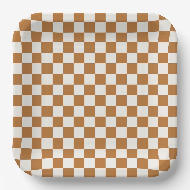 Copper and eggshell checkerboard pattern paper plate (Front)