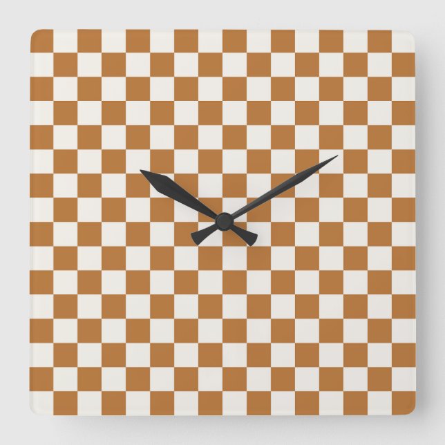 Copper and eggshell checkerboard pattern square wall clock (Front)