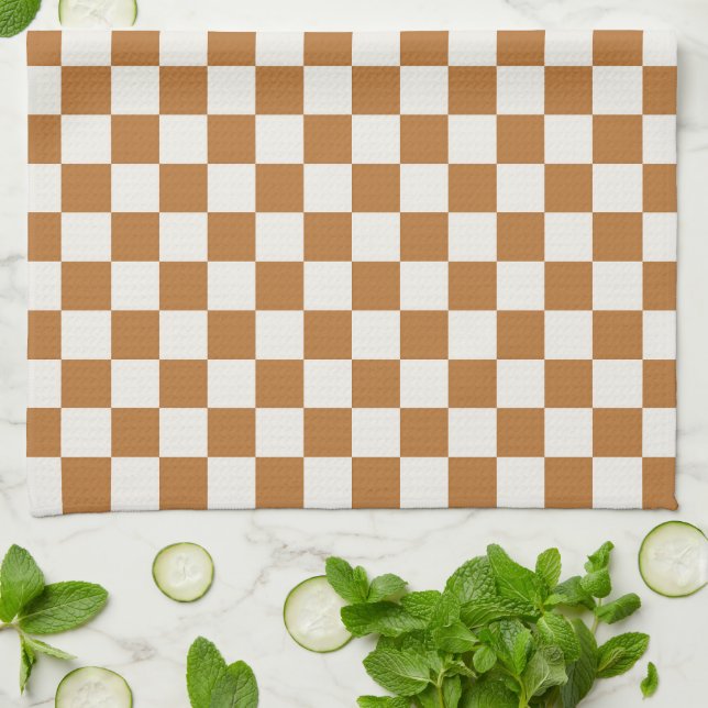 Copper and eggshell checkerboard pattern tea towel (Folded)