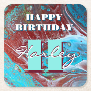 Copper and Teal Acrylic Flow Art Square Paper Coaster