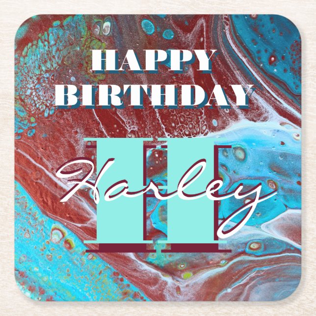Copper and Teal Acrylic Flow Art Square Paper Coaster (Front)