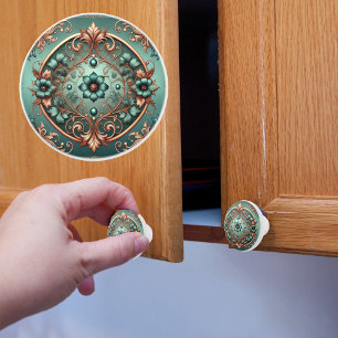 Copper and Turquoise Rings and Flowers Ceramic Knob