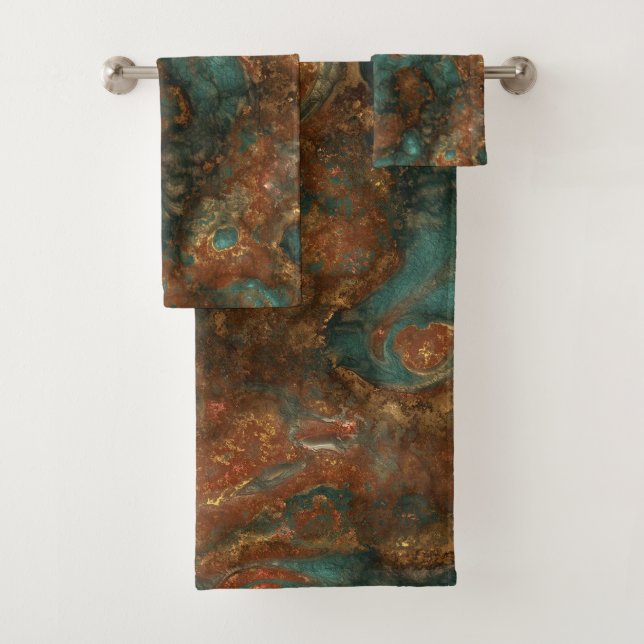 Copper and Turquoise Stone Abstract Bath Towel Set (Insitu)