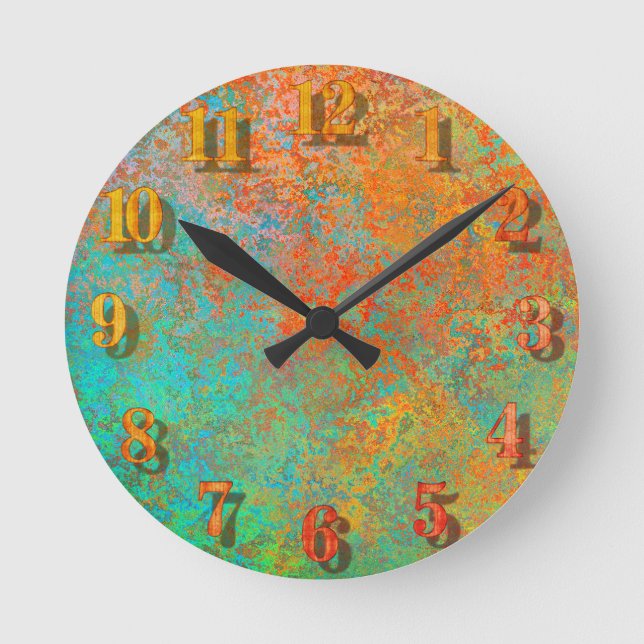Copper and turquoise texture round clock (Front)