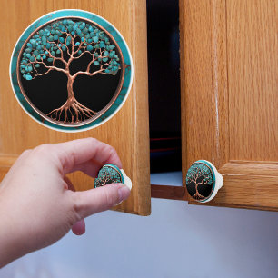 Copper and Turquoise Tree on Black Ceramic Knob