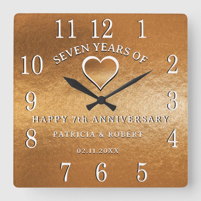 Copper Anniversary 7 Year Wedding Anniversary Gift Square Wall Clock (Front)