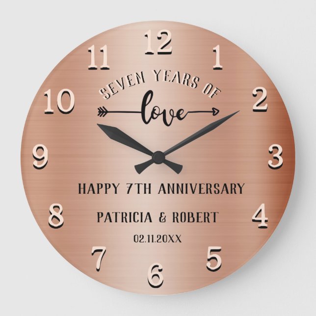Copper Anniversary Happy 7th Wedding Anniversary Large Clock (Front)