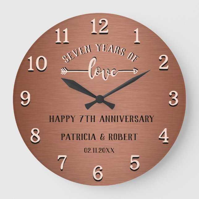 Copper Anniversary Happy 7th Wedding Anniversary Large Clock (Front)