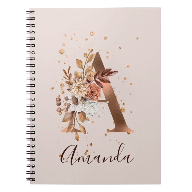 Copper Autumn Floral Letter A Fall Flowers Notebook (Front)