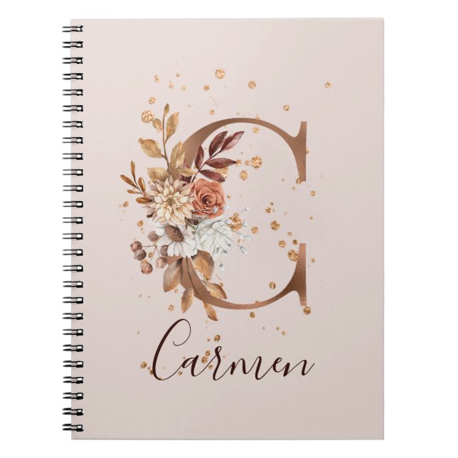 Copper Autumn Floral Letter C Fall Flowers Notebook (Front)