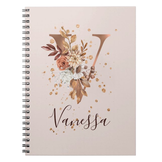 Copper Autumn Floral Letter V Fall Flowers Notebook (Front)
