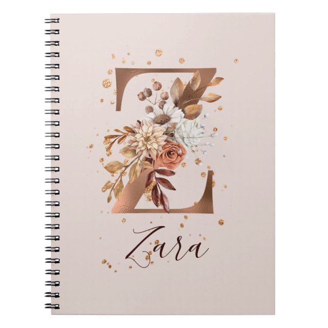 Copper Autumn Floral Letter Z Fall Flowers Notebook (Front)