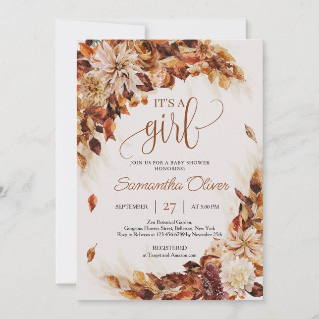 Copper autumn flowers leaves foliage it's a girl  invitation (Front)