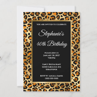 Copper Black and Gold Leopard Glam 40th Birthday Invitation