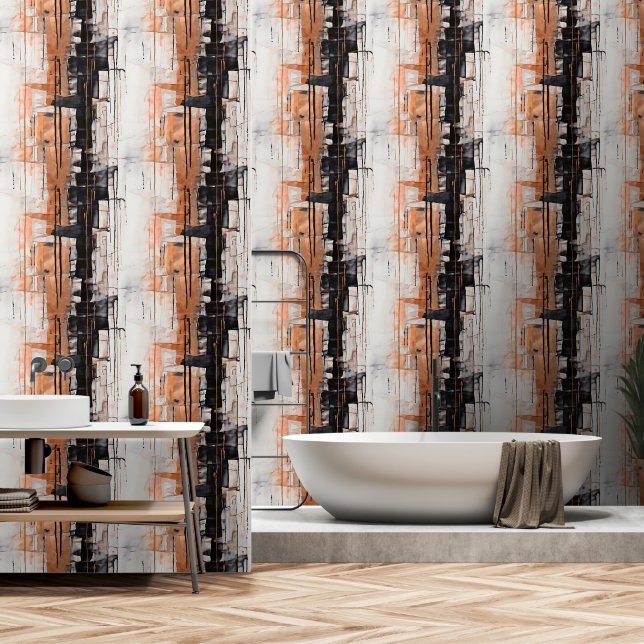 Copper, Black and White Abstract Dripping Paint Wallpaper (Bathroom)