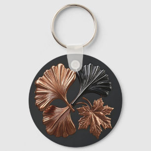 Copper Black Ginkgo Maple Metallic Leaves Key Ring