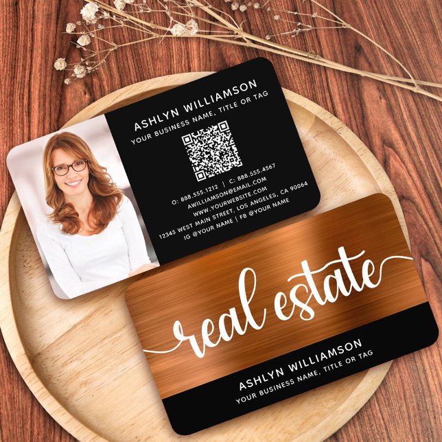Copper Black Photo Real Estate Agent QR Code Bold Business Card (Creator Uploaded)