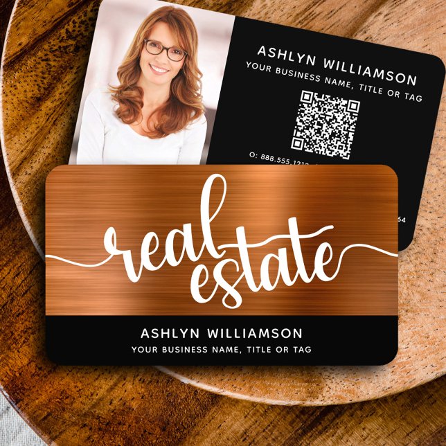 Copper Black Real Estate Agent Photo QR Code Bold Business Card (Creator Uploaded)