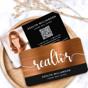 Copper Black Realtor Photo QR Code Broker Agent Business Card