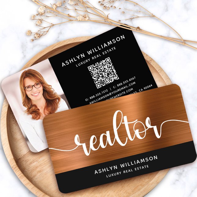 Copper Black Realtor Photo QR Code Broker Agent Business Card (Creator Uploaded)