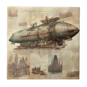 Copper Blue Grey Steampunk Airship Vintage Art Tile