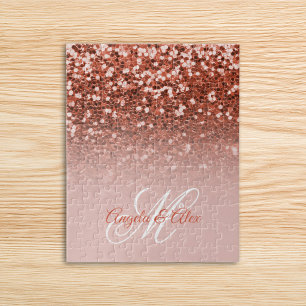 Copper Blush Confetti Glitter Ombre Monogram Jigsaw Puzzle