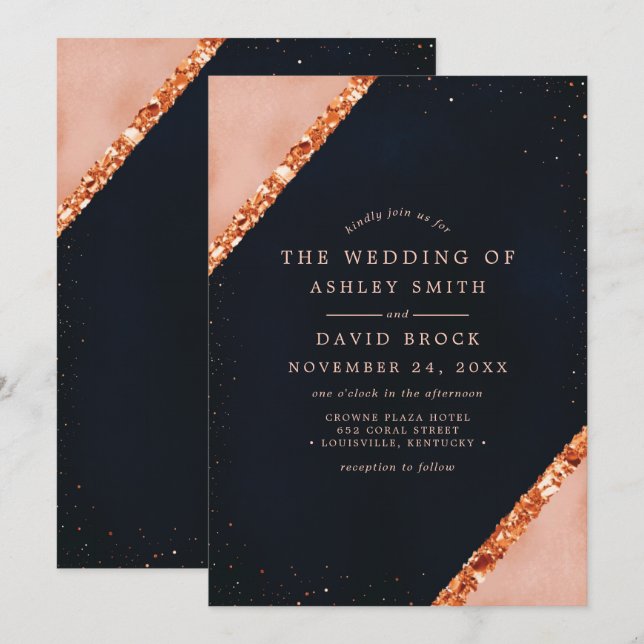 Copper Blush Navy Geometric Wedding Invitation (Front/Back)