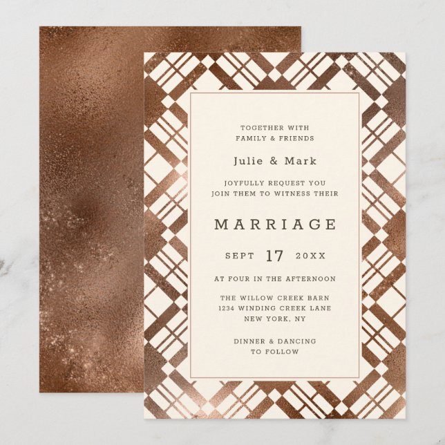 Copper Bronze Autumn Rustic Plaid Barn Wedding Invitation (Front/Back)