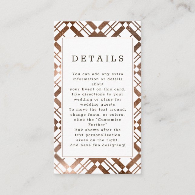 Copper Bronze Foil Fall Plaid Wedding Details Enclosure Card (Front)