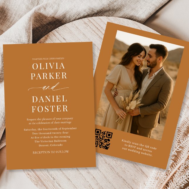 Copper Bronze QR Code Elegant Photo Wedding Invitation (Creator Uploaded)