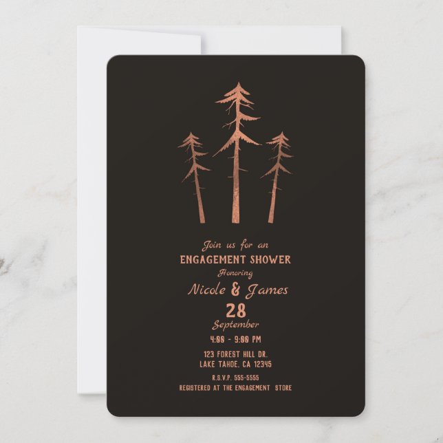 Copper Bronze Tall Pine Trees Rustic Engagement Invitation (Front)