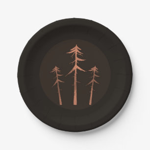 Copper Bronze Tall Pine Trees Rustic Wedding Paper Plate