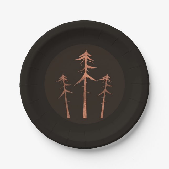 Copper Bronze Tall Pine Trees Rustic Wedding Paper Plate (Front)
